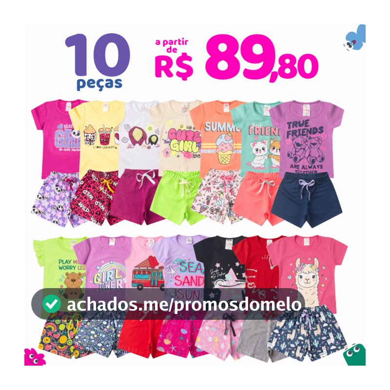 Kit 10 Peças Roupas Infantil Menina Sortido Verão - 5 Camisetas + 5 Shorts - Criança Feminina