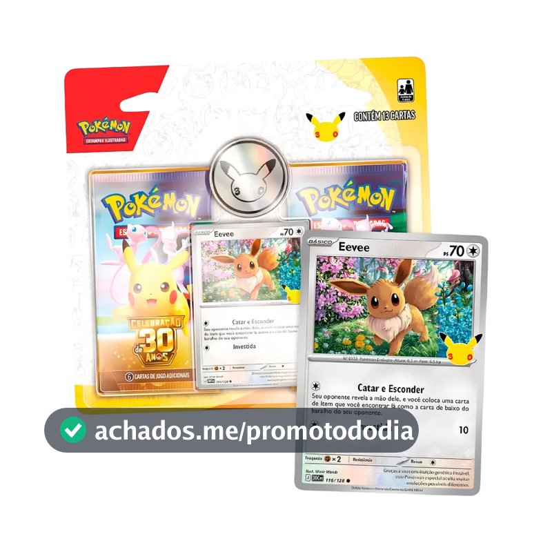 Blister Duplo Pokémon TCG Celebração 30 Anos Eevee + Moeda E 2 Boosters Original Copag