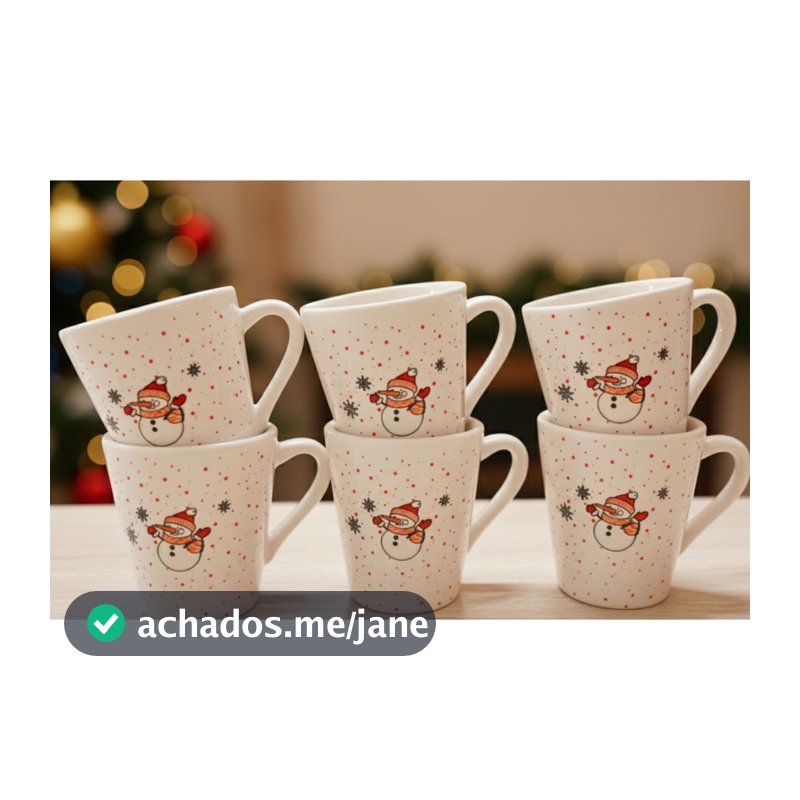 Kit 6 Xícaras Café 120ml Branca Chá Decorada Natal Boneco de Neve Flocos de Neve