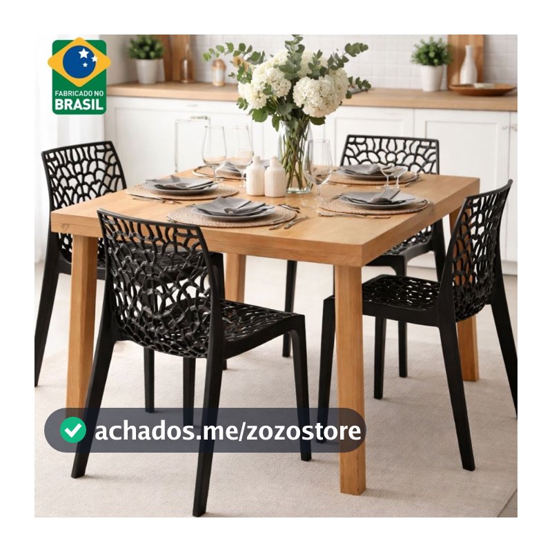 Kit 4 Cadeira de Jantar Gruvyer Preta Moderna Resistente com proteção UV Cozinha Jardim e Área Gourmet Igreja