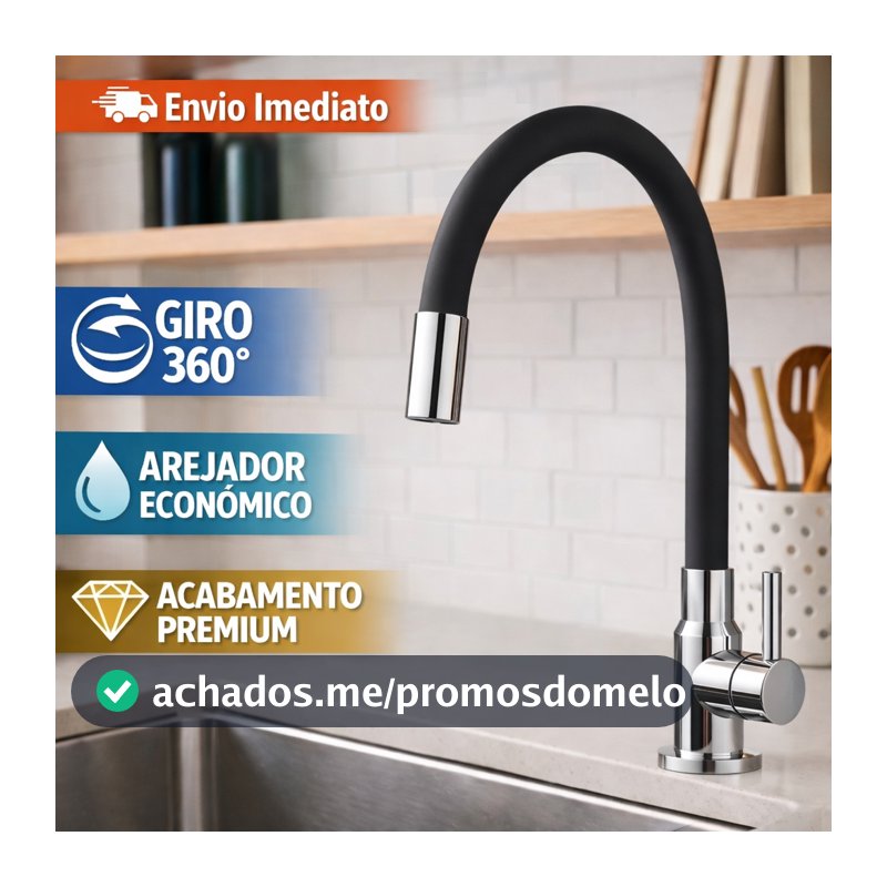 Torneira Gourmet Cozinha Flexível 360° Preta Bancada Mesa Silicone Com Arejador Alta Pressão