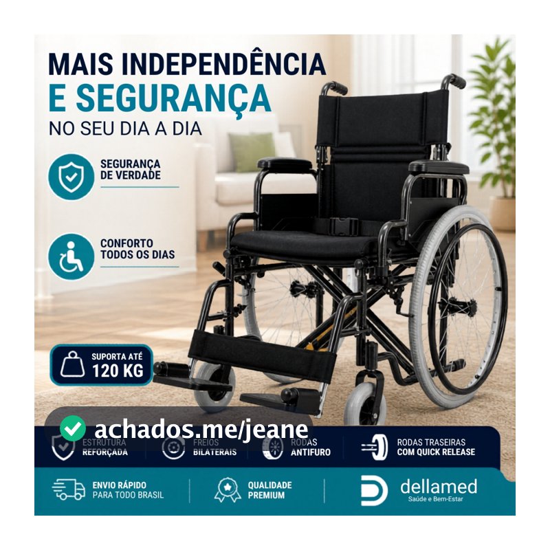 Cadeira de Rodas Dobrável com Cinto e Almofada até 120kg Braços escamoteáveis  - Dellamed D400