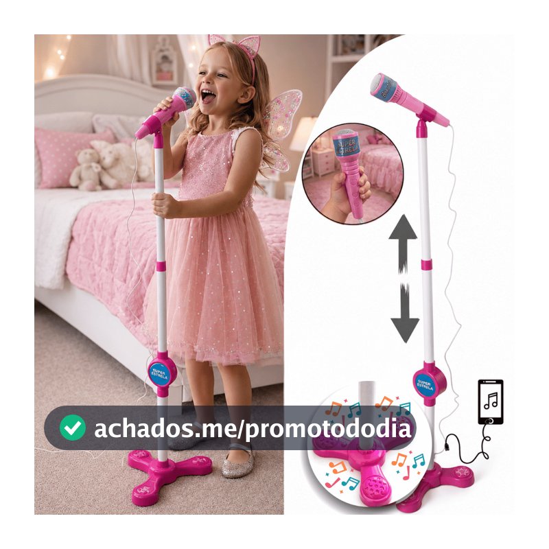 Microfone para Criança com Pedestal Ajustável e Conexão para Celular Brinquedo Menina