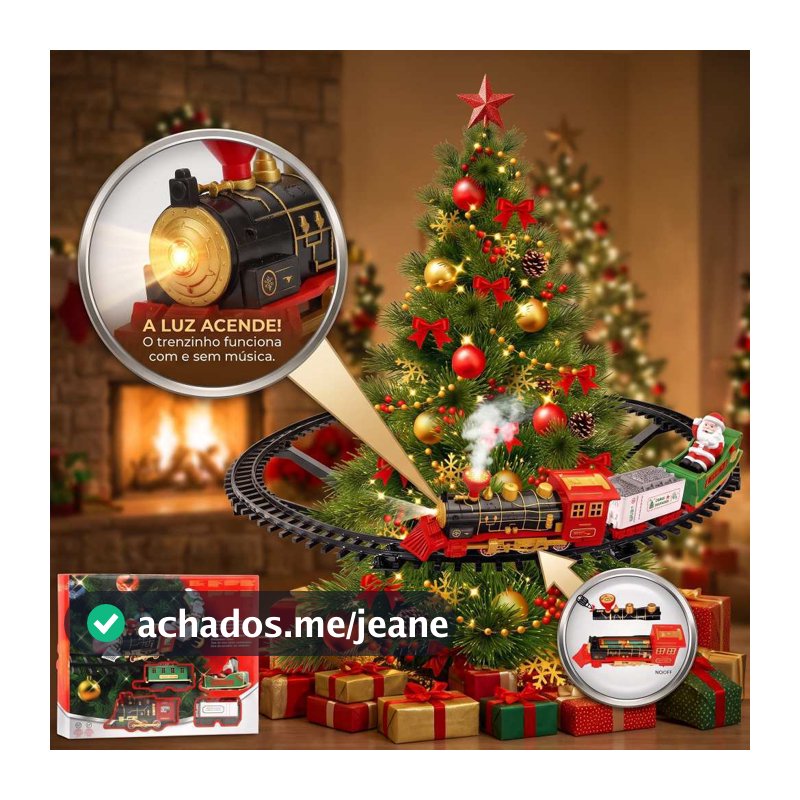 Trem de Natal Elétrico Locomotiva com Luz e Som para Árvore Trilho Circular 89cm Decoração Natalina