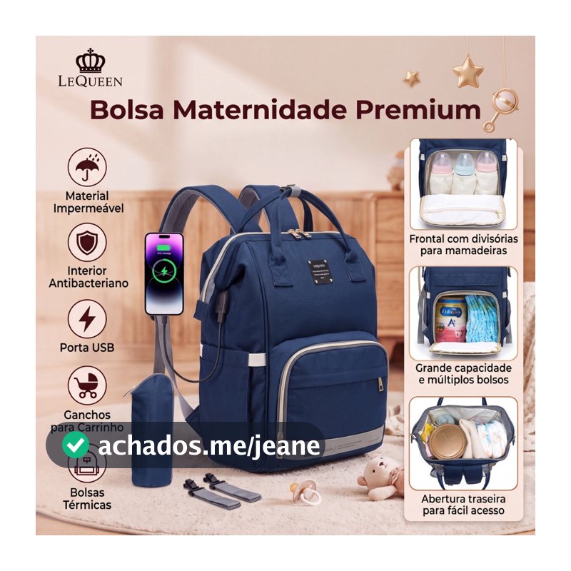 Mochila Bolsa Maternidade Bebê Lequeen Menina Menino Com Porta Mamadeira Térmico