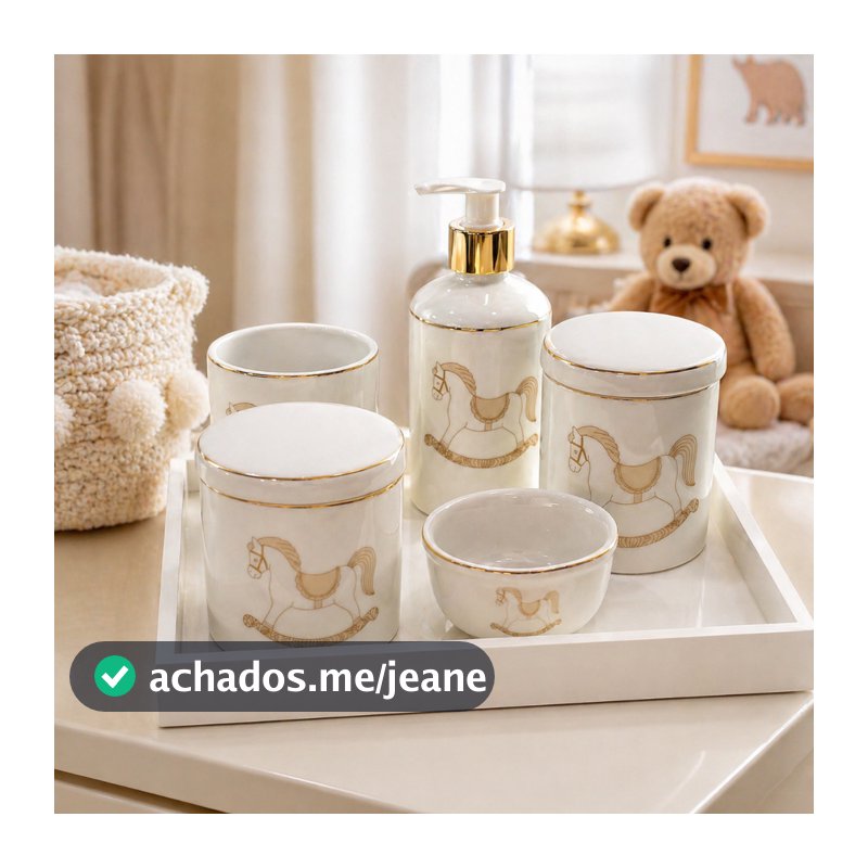 Kit Higiene Porcelana Bebe Cavalinho Friso Ouro Unissex