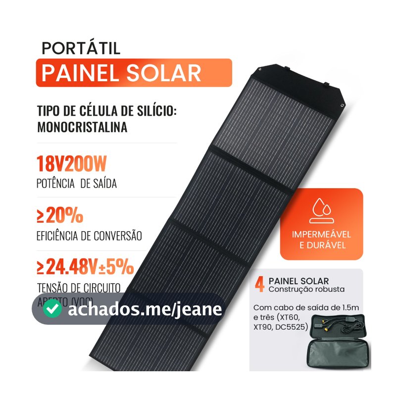 Painel Solar Portátil 200W/100W Monocristalino - À Prova d'Água, Dobrável e Compatível com Estações de Energia