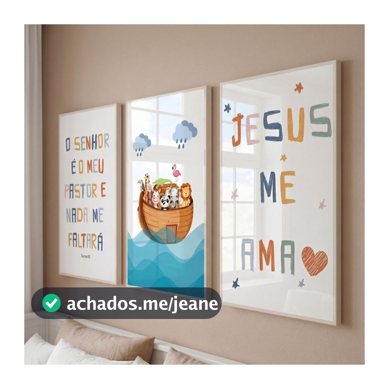 Quadro Parede Decorativo Infantil Jesus Me Ama MDF 40x60 3 Peças Fofo Bebe Moderno