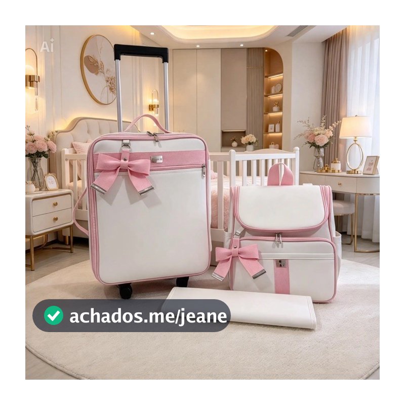 Kit de maternida Mala Rodinha, Mochila e trocador branco com faixa rosa bebê