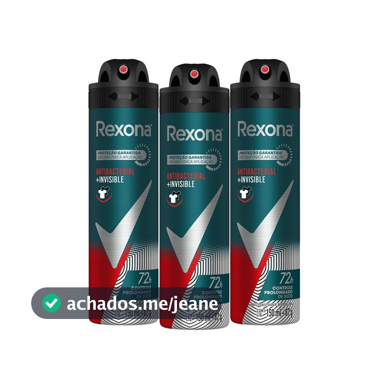 Kit com 3 Desodorantes Antitranspirantes Aerosol Masculino Rexona Antibacterial + Invisible 150ml cada