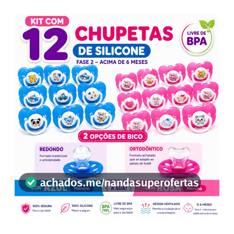 Kit Com 12 Chupetas Borboleta Bico Silicone Fase 2 Bico Redondo Ou Ortodôntico Menino Ou Menina