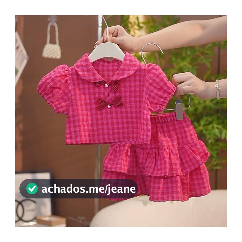 Conjunto 2 Peças Xadrez Vermelho Menina Verão Estilo Coreano Casual 2-10 Anos