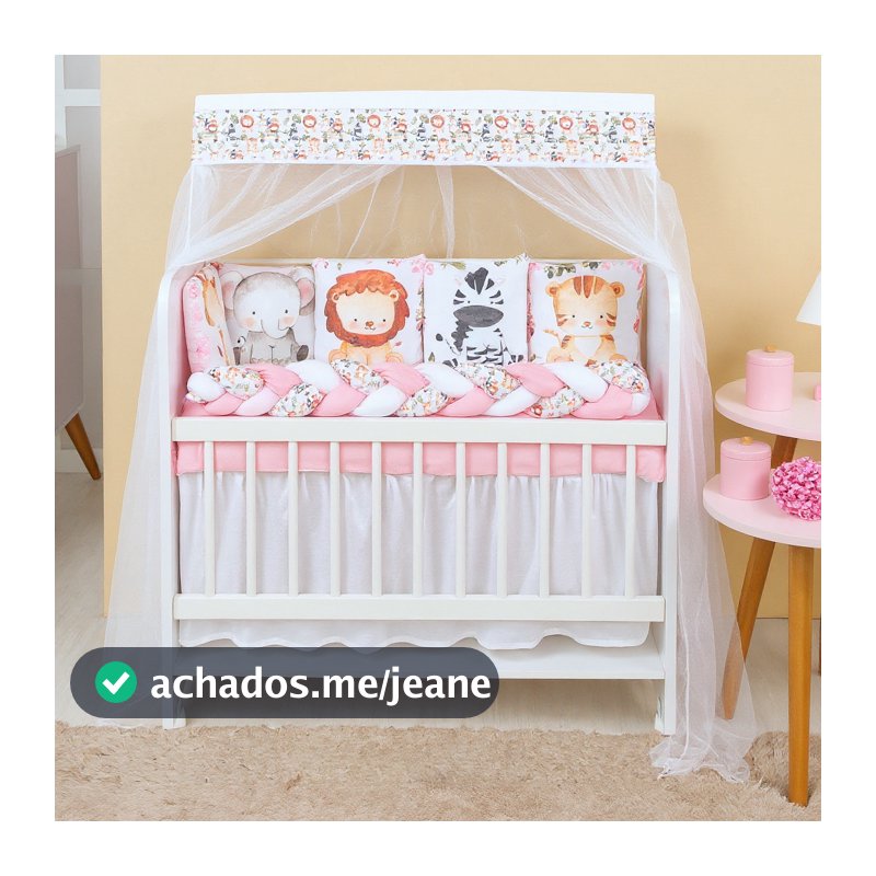 Kit Mini Berço com 12 peças + Saia de Berço Bebê Menina Safari Rosa