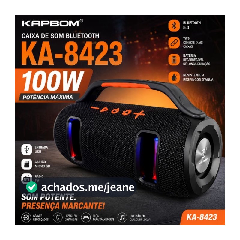 🔥 Caixa de Som KAPBOM KA-8423 – 100W de Potência! Som potente,com LEDs RGB ✔️ Extra Bass ✔️ Qualidade sonora