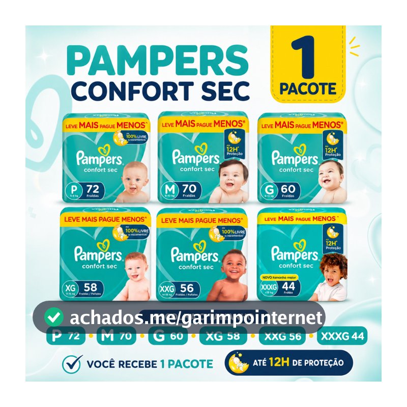 Fralda Pampers Confort Sec Bag Hiper Todos os Tamanhos