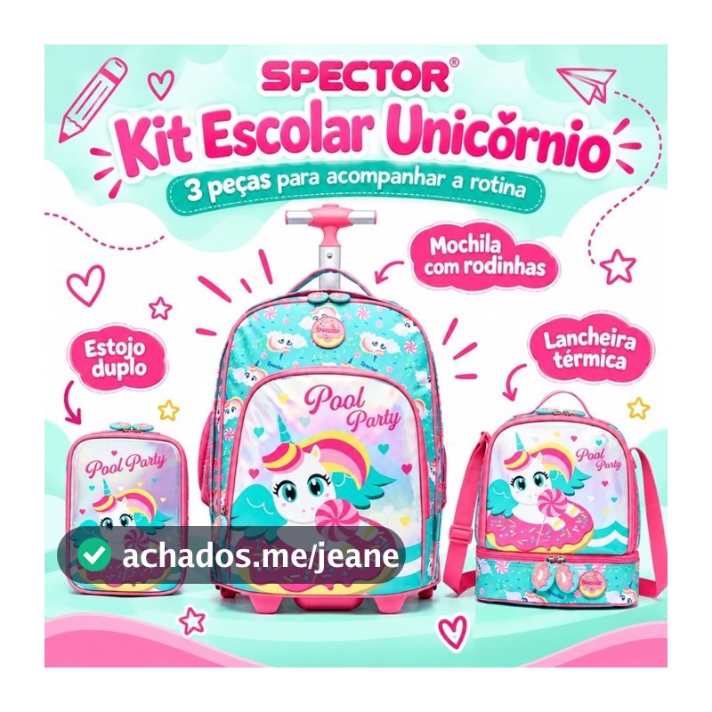 Spector Kit Mochila Lancheira Estojo Unicórnio Menina Infantil Rodinhas Escolar
