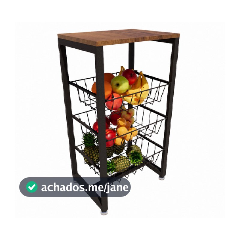 Fruteira 3 Cestos Cozinha Preta Em Aço Base Mdf Amadeirado