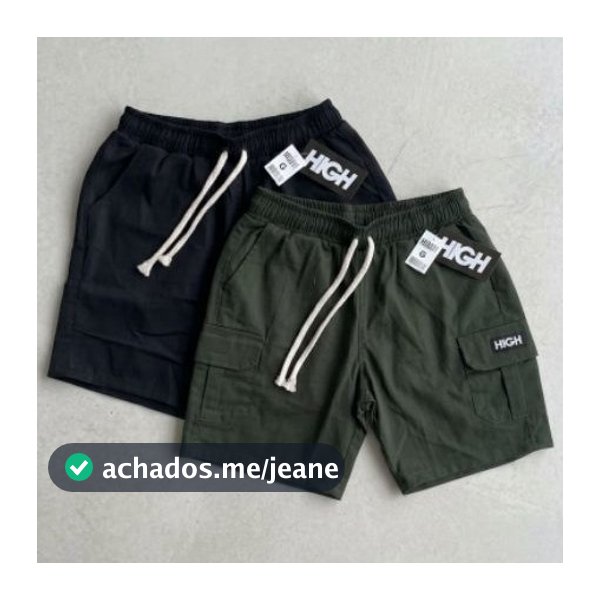Shorts  Cargo masculino em Sarja  Com Bolsos Laterais Logo Bordado Cordão de Ajuste Na Cintura