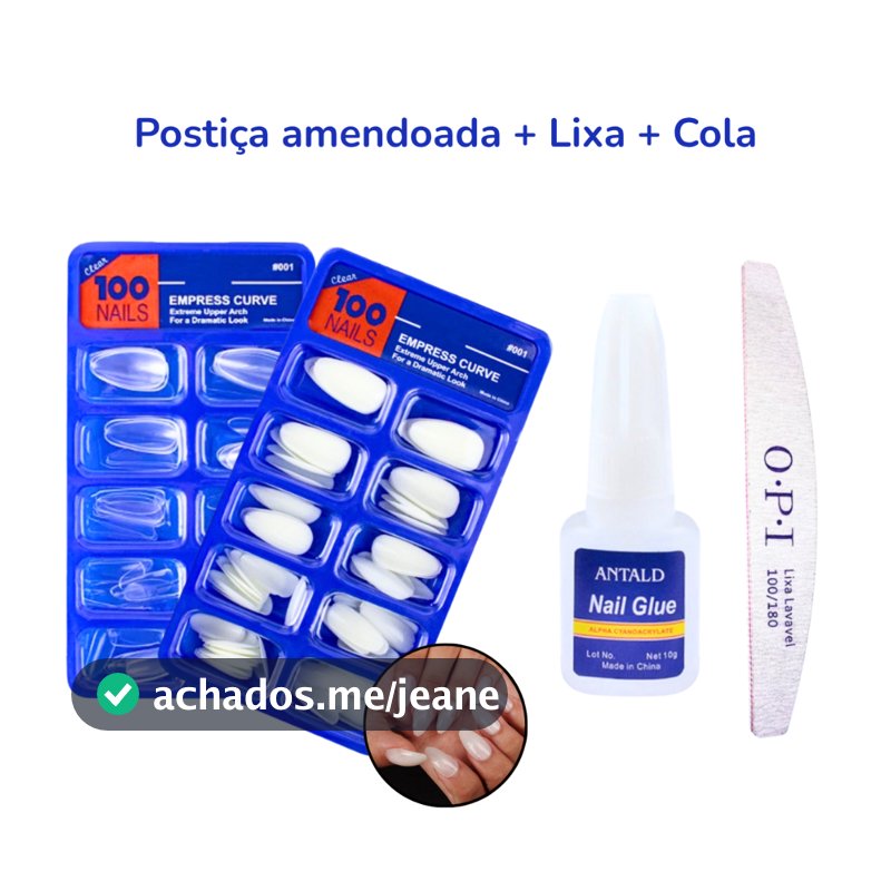 KIT 100 UNHAS POSTIÇAS AMENDOADA ALMOND NATURAL REALISTA + COLA UNHA + LIXA BUMERANGUE UNHA 100 180