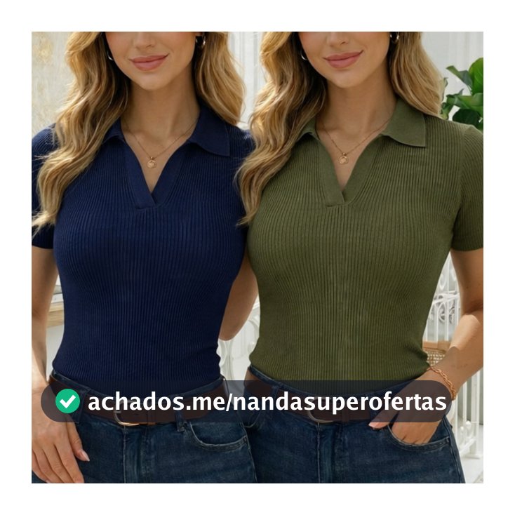 Kit 2 Blusas Polo Feminina Manga Curta Decote V Canelada Confortável