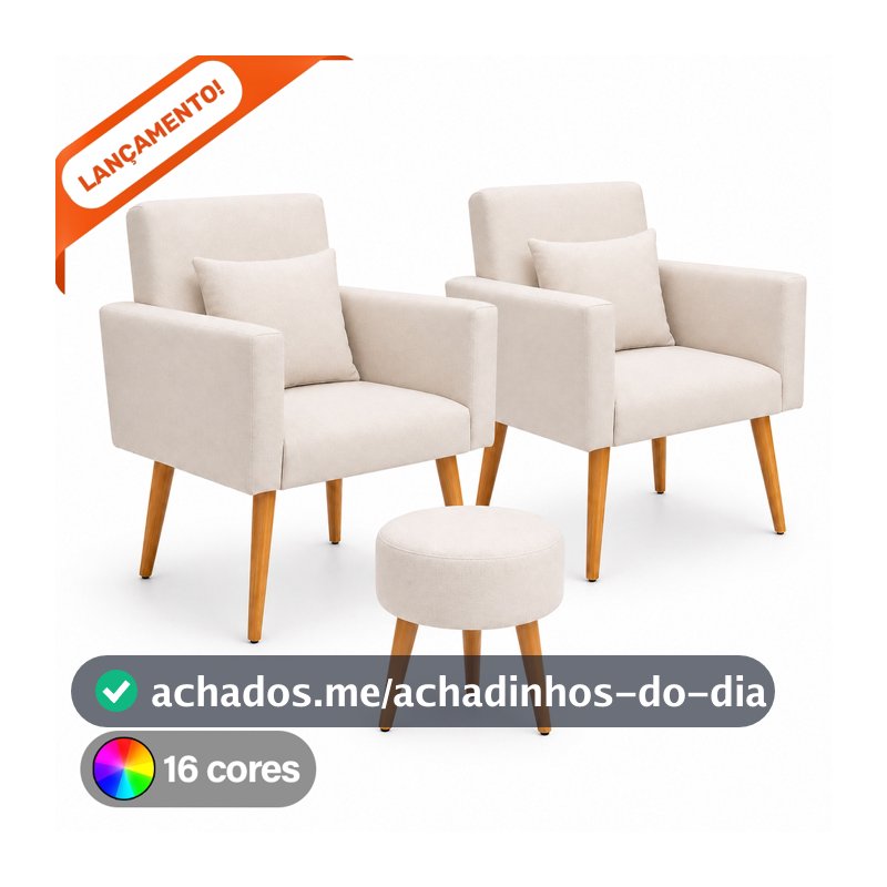 Kit 02 Poltronas para Sala Decorativa Nina com Almofada e Puff Redondo Pés Palito Suede Aninha Decor