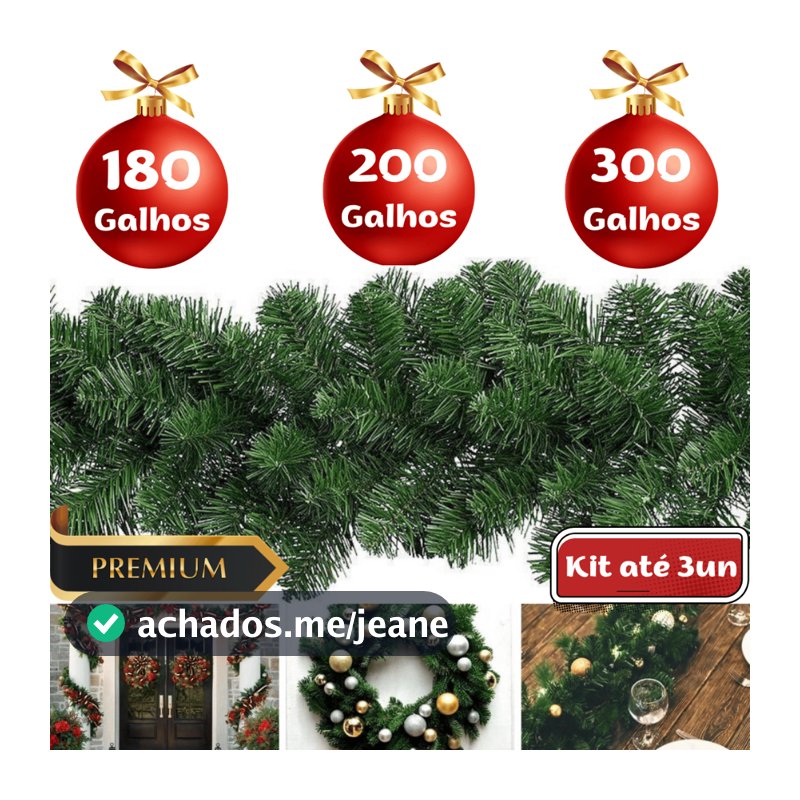 Festão Aramado Natal 300 200 180 Galhos até 2,7M Ramificado Grosso Decoração  Natalina Enfeite