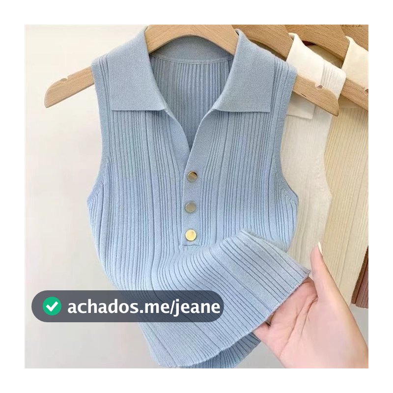 Colete de malha com gola Polo feminino francês sem mangas Casual Top coreano