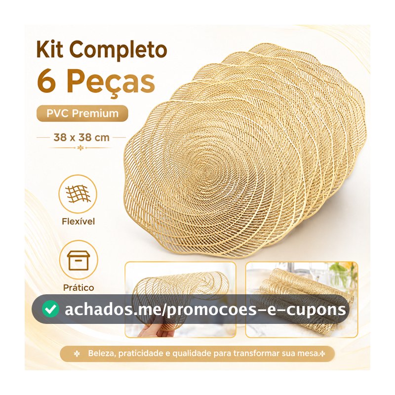 Kit 6 Jogo Americano Sousplat PVC Redondo Dourado Para Mesa de Cozinha Sala de Jantar