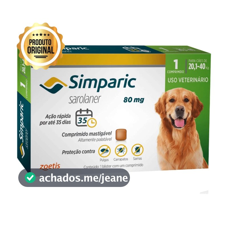 Anti Pulgas e Carrapatos Simparic Cães de 20,1 a 40 Kg - 80 Mg 01 Comprimido - Zoetis