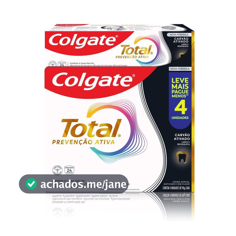 Creme Dental Colgate Total Prevenção Ativa Carvão Ativado com Flúor 4 Unidades de 90g cada