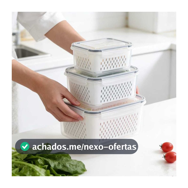 Kit 3 Potes De Organizador Hermetico Com Cesta Escorredor Para Geladeira