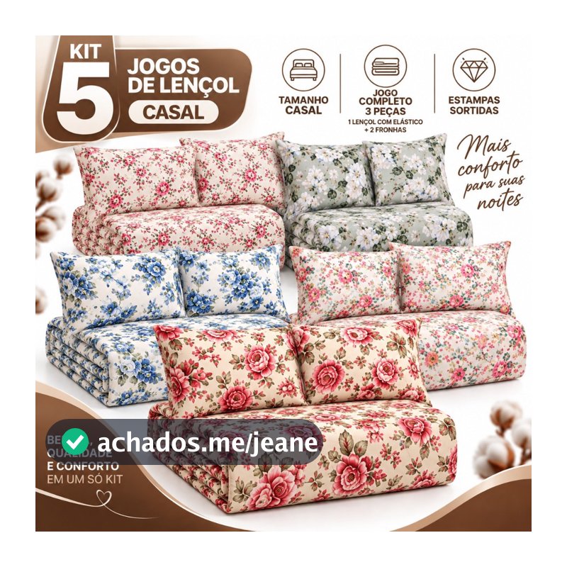 Kit 5 Jogos De Lençol Casal 400 Fios 3 Peças Conforto Premium Cama Florido Estampado
