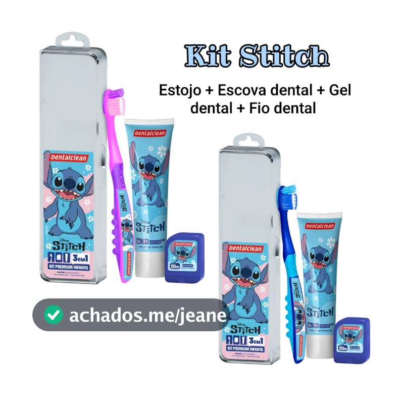 Kit infantil Stitch 3 em 1 Escova de dente + Gel dental + Fio dental
