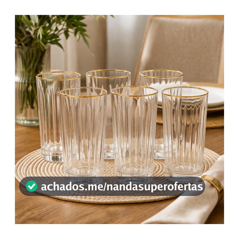 Jogo 6 Copos Altos Com Borda Dourada Em Vidro 370ml Bebidas
