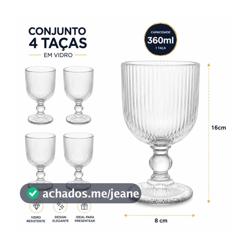 Conjunto com 4 Taças de Vidro 360ml – Elegância para compartilhar bons momentos