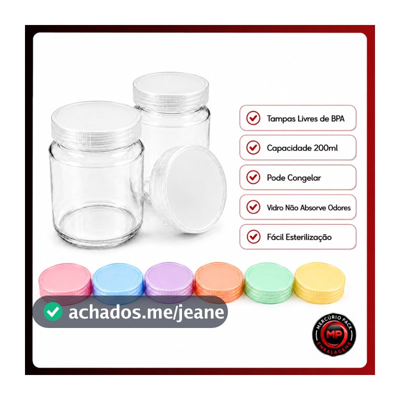 Kit 6/10/12 Potes Vidro 200ml para Leite Materno Papinha Tampa BPA Free Coloridas Nadir Figueiredo Belem