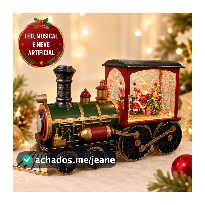 Luminária Trenzinho Natalino LED Musical Com Papai Noel e Neve Artificial