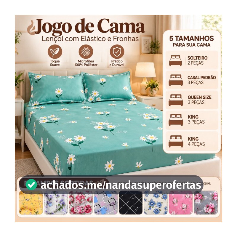 Jogo de Cama Estampado Microfibra com Lençol de Elástico e Fronhas Solteiro Casal Queen King