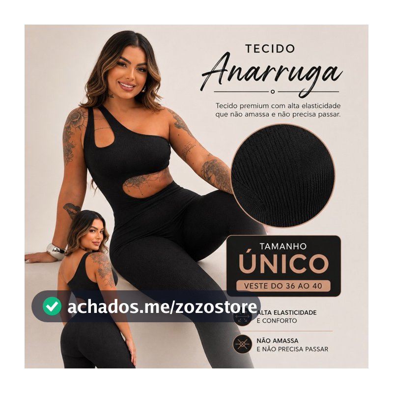 Macacão Feminino Longo Preto Anarruga Um Ombro Só Com Recorte Lateral Sem Bojo — Cod.32