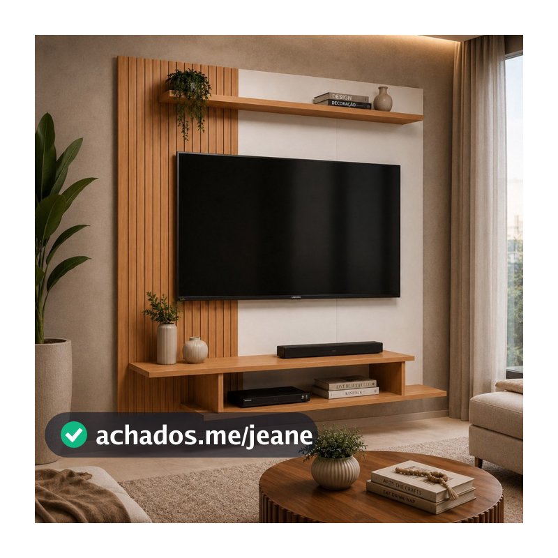 Painel Para TV Até 55 Polegadas Ripado Suspenso Moderno Com Prateleira E Nicho