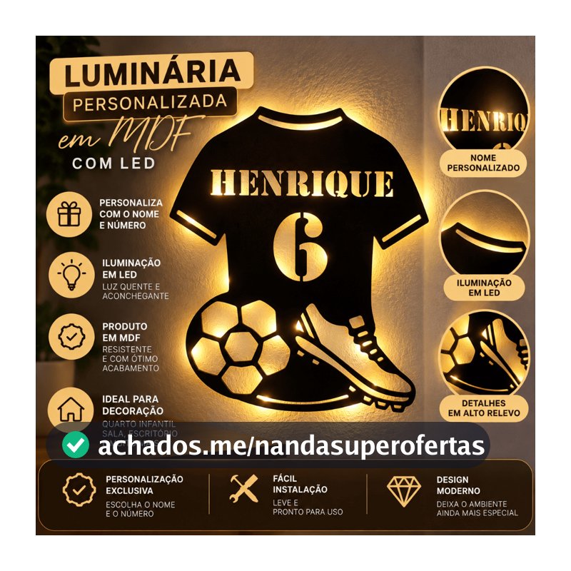 Luminária Camisa de Futebol Personalizada com Nome e Número LED MDF