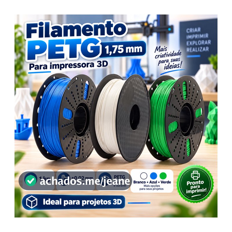 Filamento 3D PETG 1kg 1,75mm para Impressora 3D, Tolerância ±0,02mm, Rolo Branco Azul Verde