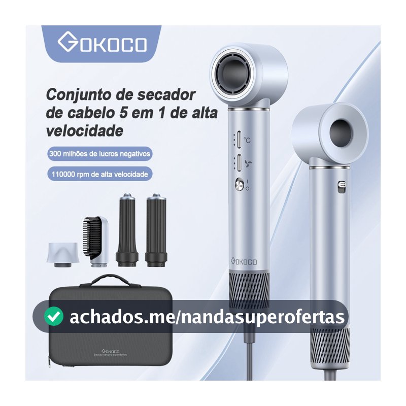 GOKOCO Secador De Cabelo Com 5 Em 1 GD023 Escova Magnético Multifuncional De Alta Velocidade Com Alisar Enrolar Hot Air