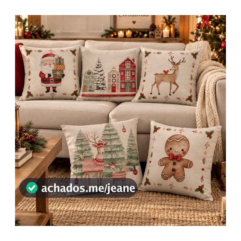 Capa de Almofada Natalina Decoração de Natal Festa Enfeite Papai Noel Renas Boneco de neve 43x43cm