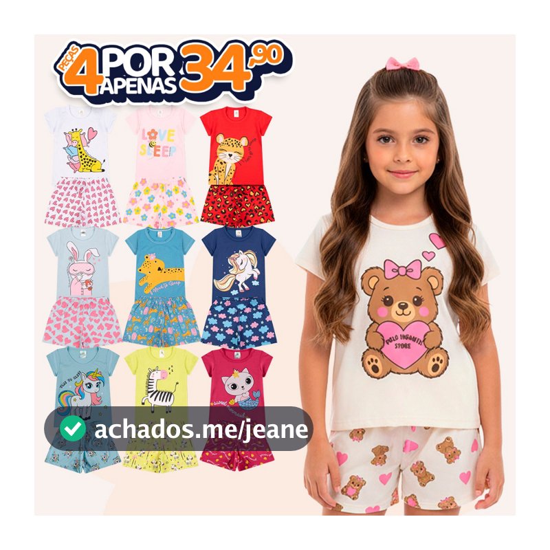 Kit Sortido 4 Peças de Pijamas Infantis para Meninas Confortáveis e Cheios de Estilo - 2 Camisetas + 2 Shorts