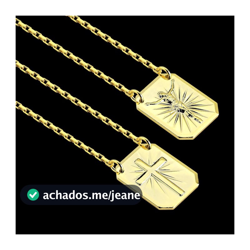 Escapulário Corrente Masculino com Placa Cruz e Jesus Cristo Crucifixo Banhado a Ouro 18k