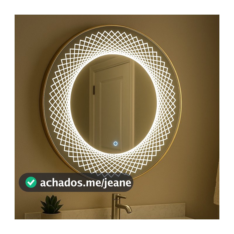Espelho Redondo Lapidado luxo 60cm iluminado Jateado Com Led Touch e Moldura Maleável Dourado