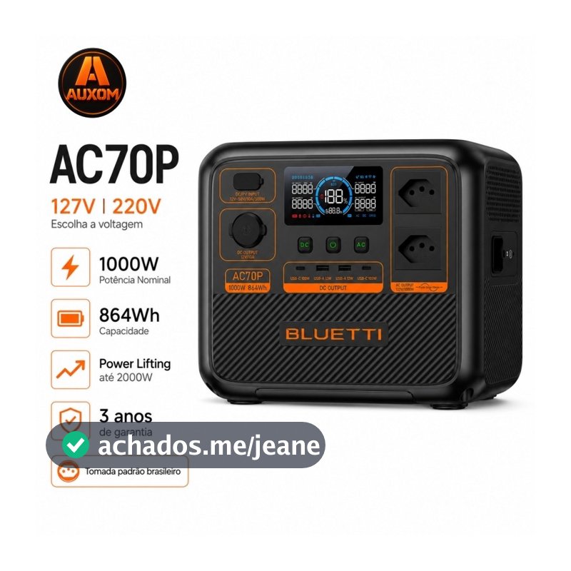 Estação de Energia Portátil BLUETTI AC70P 1000W 864Wh LiFePO4 127V/220V UPS Gerador Solar