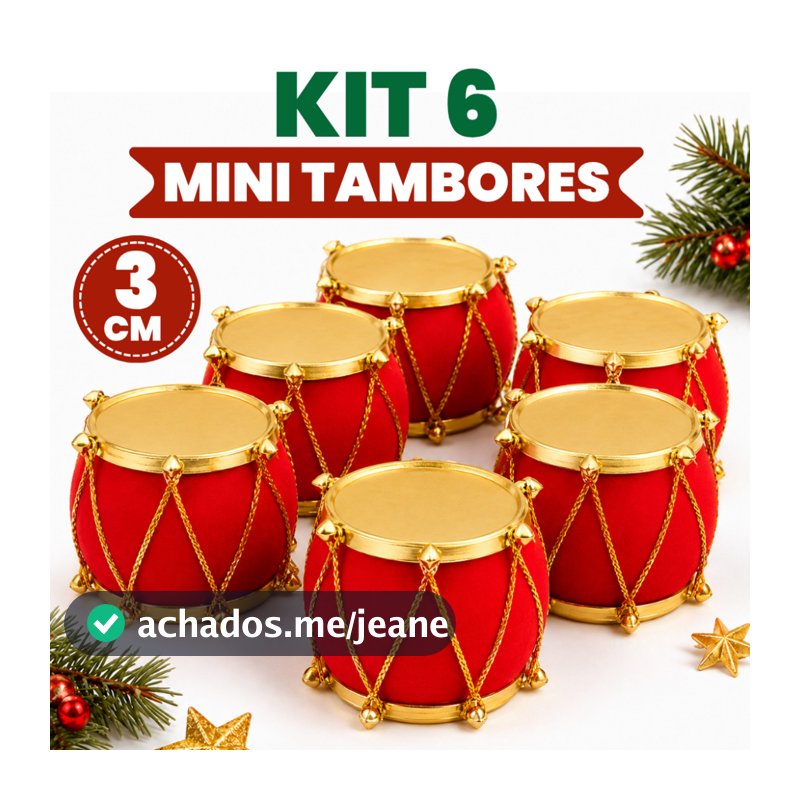 Kit 6 Mini Tambor 3cm Pingente Natalino Para Arvore de Natal - Decoração Festiva Luxuosa para Natal