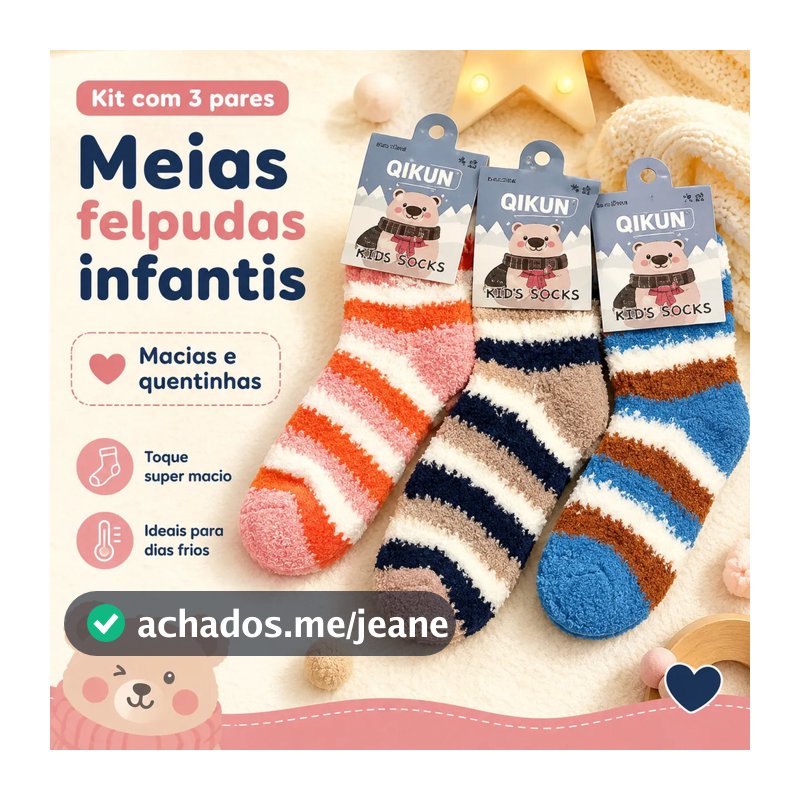 Kit 3 Pares Meias Infantil Felpuda Quentinha Inverno Termica